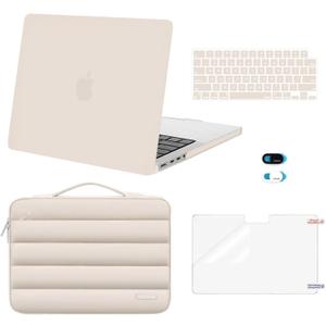 MOSISO Compatible with MacBook Pro 14 inch Case M5 2026 M4 M3 M2 M1 2025-2021 A3427 A3426 A3434 A3112 A3185 A3401 A2918 A2992 A2779 A2442, 5 in 1 Kit Plastic Hard Shell &Puffy Sleeve Bag, Sand
