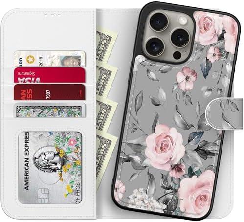 LUMARKE Designed for iPhone 13 Pro Wallet Case - Detachable Flip Folio Cover - RFID Blocking 4 Card Slots Holder - Leather Magnetic Kickstand - Protective Phone Case 6.1",Elegant Pink Floral