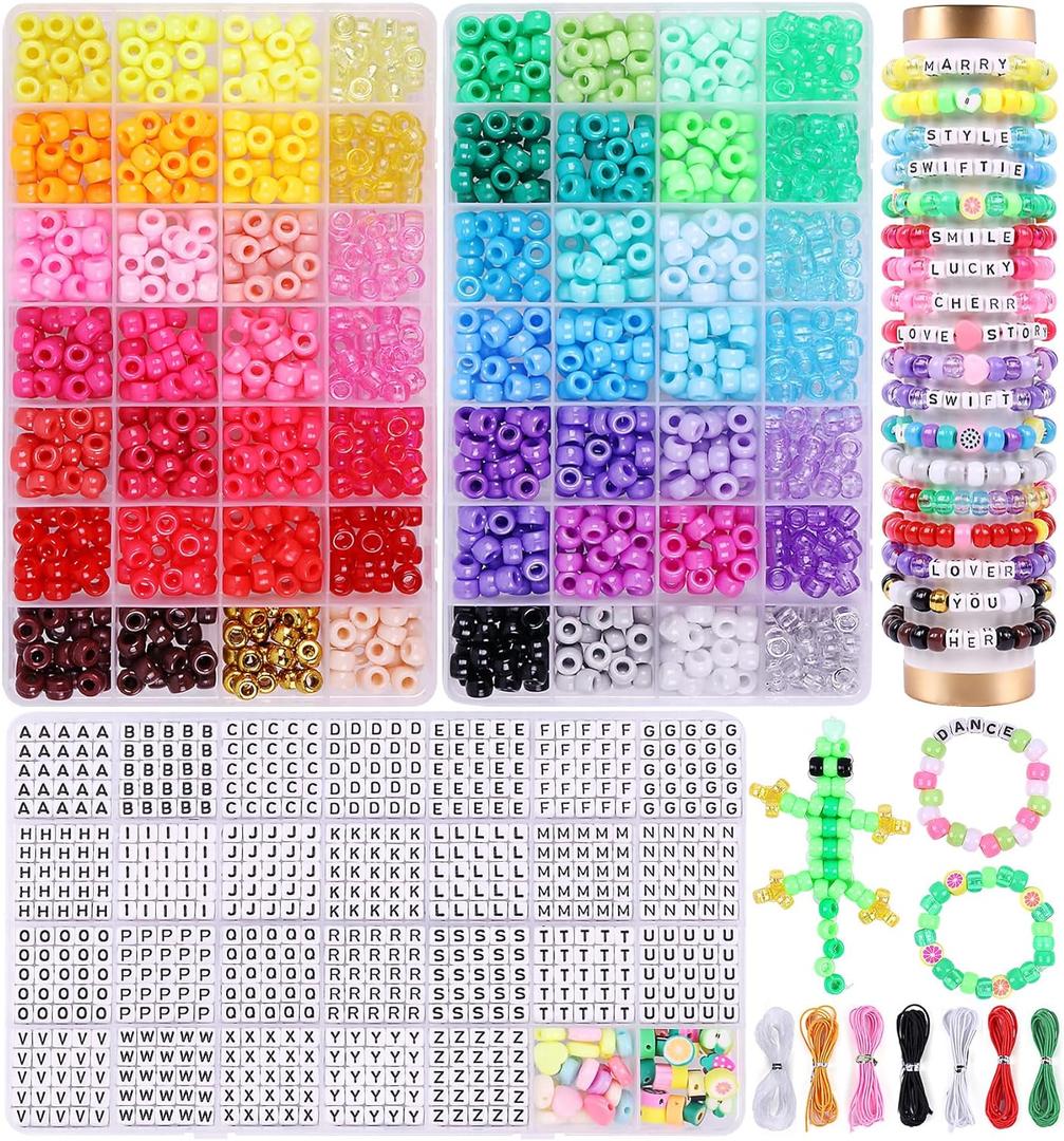 3000Pcs 56 Colors Pony Beads for Bracelet Making Kit, Rainbow Kandi Beads Friendship Bracelet Kit with 910pcs A-Z Letter Bead, DIY Jewelry Making Craft for Adults