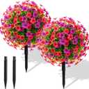 Hotop 2 Pack 22" Artificial Boxwood Ball Topiary Flower Trees with Ground Spike, UV Resistant Weatherproof Faux Floral Shrubs for Outdoor Garden Patio Porch Indoor Home Decor(Purple and Pink)
