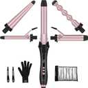 Prizm Curling Iron Set with Clamp, 5 Interchangeable Barrel Curling Wand, Hair Wand 11 LCD Adjustable Temp, 0.6 to 1.25 Inch, Bubble Wand, Tapered Curling Iron Travel Dual Voltage Rose Pink