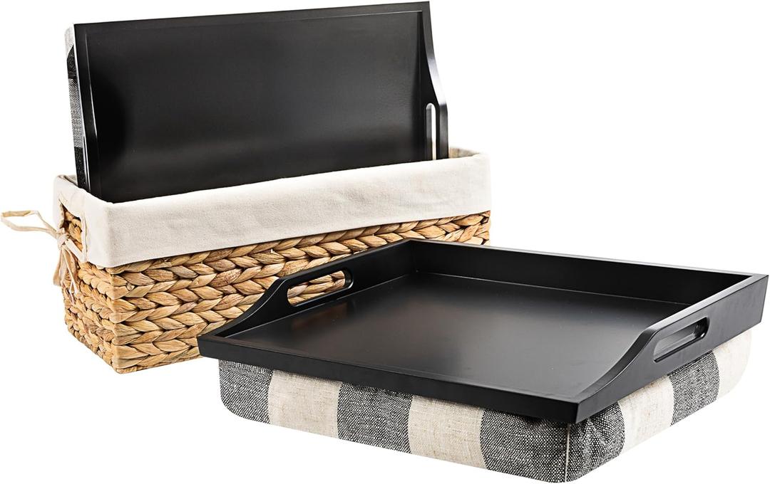 ROSSIE HOME Wood Bed Tray Lap Desk - Set of Two - with Hyacinth Storage Basket - Buffalo Check - Fits up to 15.6 Inch Laptops - Style No. 70108 ROSSIE HOME Wood Bed Tray Lap Desk - Set of Two - with Hyacinth Storage Basket - Buffalo Check - Fits up to 15.6 Inch Laptops - Style No. 70108