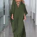 Bsubseach 2026 Long Kaftan Dresses Muumuu Plus Size V Neck Vintage Caftan Coverup Sexy Satin Dress (E-olive Green, One Size)