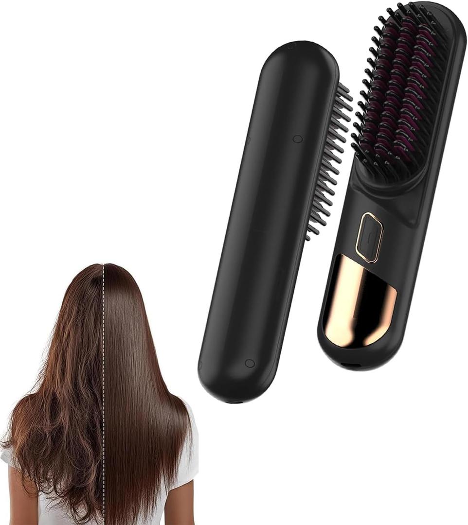 Cordless Straightener Straight Hair Brush, Negative ion Thermal Hair Care Portable Mini Straight Hair Comb, Dual use Straight curl and Smooth Hair Quality, 360 ° Anti Scald, USB Charging- Black