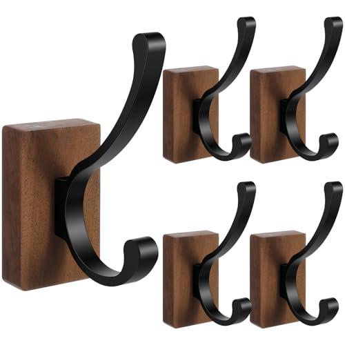 Afcabakila 4 PCS Black Walnut Wood Wall Hooks Adhesive Mounted & Wall Mounted Rustic Decorative Entryway Hooks, Wood Aluminum Walls Hook, Heavy Duty Double Hook Design for Coat, Towel, Hat, Bag, Purse