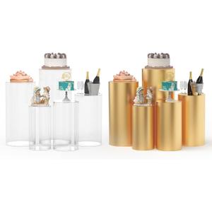 5 Pieces Clear Cylinder Stands for Party, Acrylic Cylinder Pedestal Stand, Cake Pedestal Stands Sets for Display Party Wedding Birthday Baby Shower Event Decor with Gold Cover (5PCS)