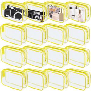 16 Pieces Clear Makeup Bag PVC Zippered Clear Toiletry Carry Pouch Portable Cosmetics Bag Waterproof Makeup Bag Vinyl Plastic Organizer Case for Travel Vacation Bathroom (Yellow-M)