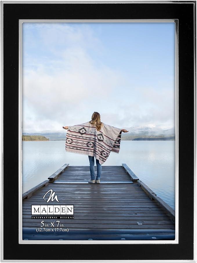 Malden International Designs Black Sleek With Silver Inside Border Picture Frame, 5x7, Black