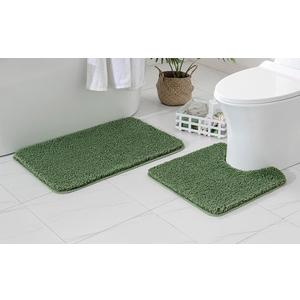 MIULEE Microfiber Bathroom Rugs and Mats Sets 2 Pieces Extra Thick Non Slip Bath Mat and U-Shaped Contour Toilet Rug for Bath Room Floor Restroom, 20"x30"+20"x20", Moss Green