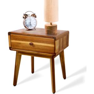 ENKEZI Small Mid Century Acacia Night Stand with Drawer Dresser, Handcrafted Small Nightstand, Space-Saving Bedroom Side Tables with Acrylic Coating, No Visible Nails