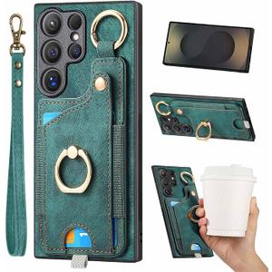 JanCalm for Samsung Galaxy S25 Plus Case,Phone Card Holder Ring Stand,RFID Blocking Wallet,Wrist Strap,Leather Shockproof Protective Magnetic Flip Cases Cover (Green)