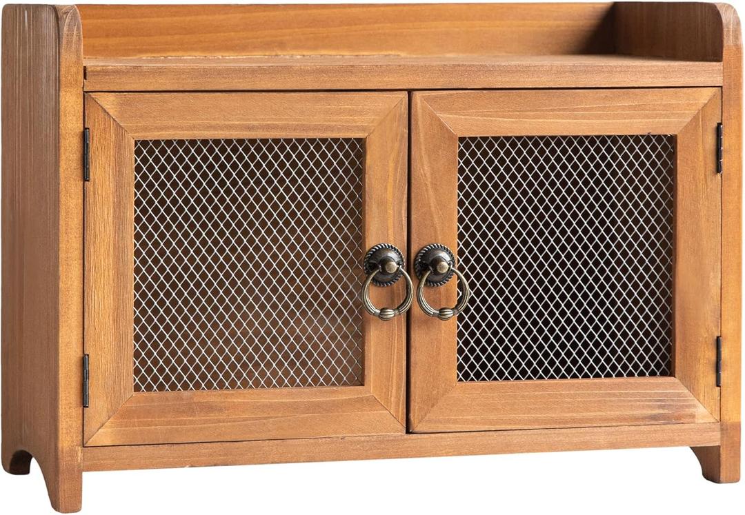 Counter Top Storage Cabinet with Glass Windows - Antique Wood, 14x6.5in