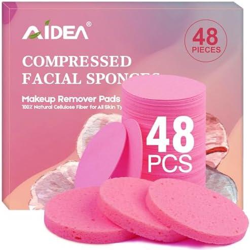 AIDEA 48-Count Compressed Facial Sponges Pink, Face Cleansing Pads, 100% Natural Cellulose Cosmetic Spa Sponges for Facial Cleansing, Exfoliating Pads, Mask Removal, Travel Essentials for Women, Set of 5