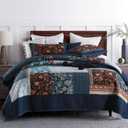 Yvooxny 3-Piece Quilt Sets King Size Quilted Bedspread Real Patchwork Coverlet Set Bedding Set with Pillowcases for All Seasons, Dark Blue Rose, 98x106 Inch