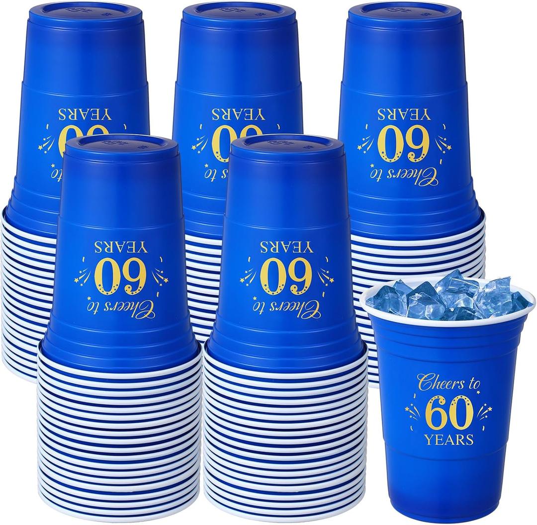 Ziliny 50 Pack 60th Birthday Cups 16 oz Cheers to 60 Years Disposable Plastic Cups Gold and Blue Birthday Party Hot Cold Drinks Tool for Party Wedding Anniversary Supplies Decorations