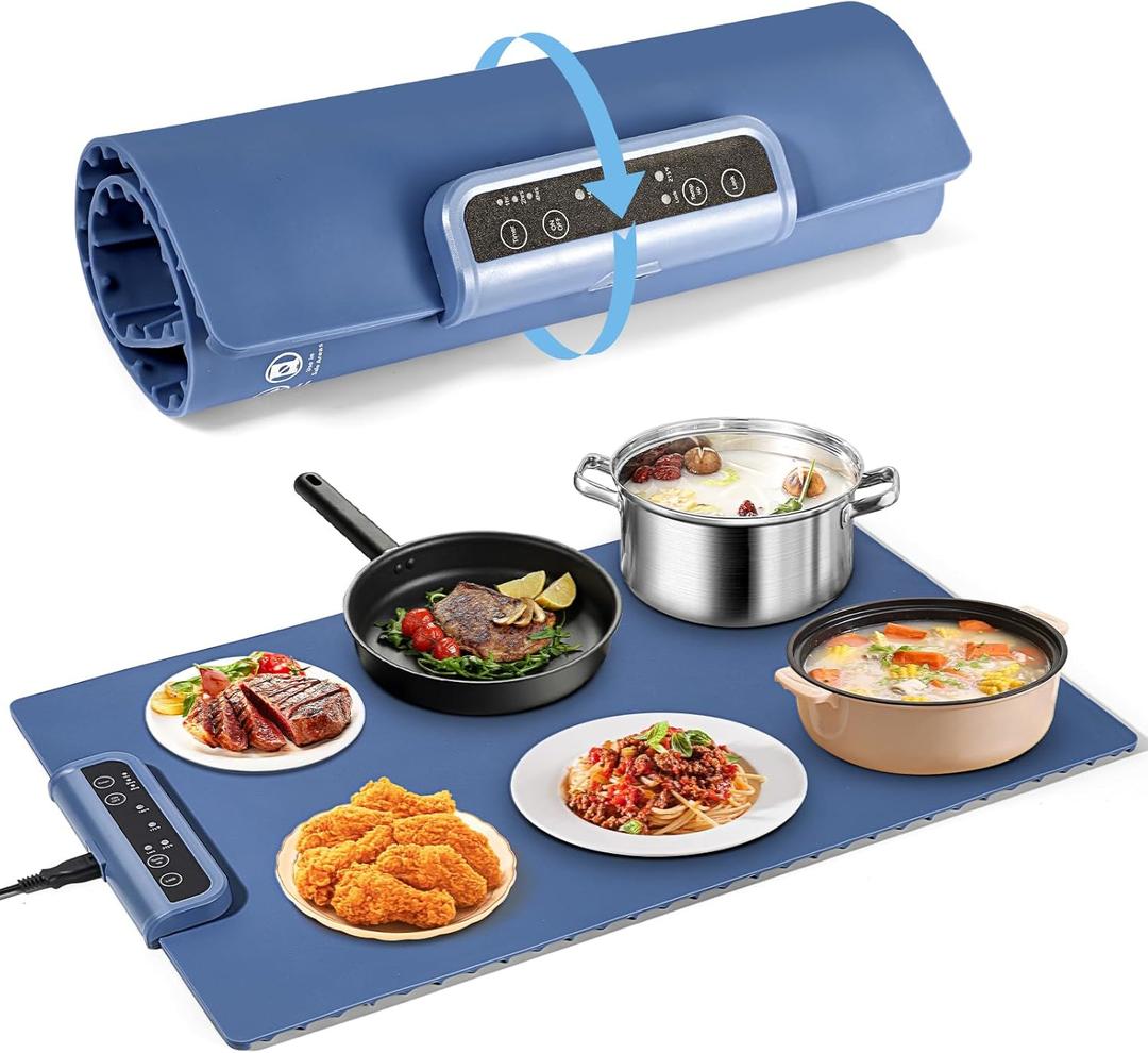 Food Warming Mat - Roll Up Portable Electric Warming Tray with 3 Temperature Settings, Silicone Heating Mat for Food, Food Warmers for Parties, Buffets Party, Travel, Daily Lives (XL - 24"x15", Blue)