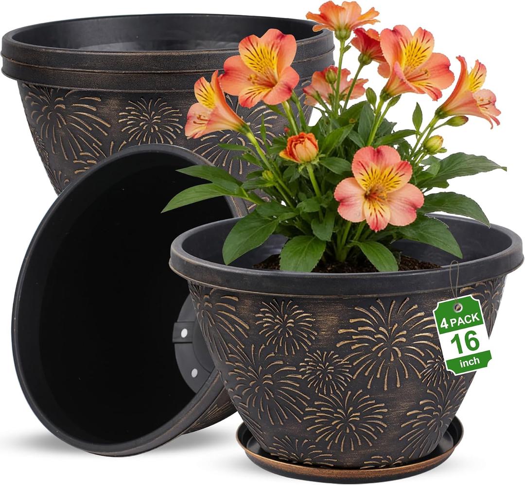 Nooulap 4 Pack 16 Inch Large Plant Pots with Drainage Holes and Saucers,Firework Embossed Plastic Planters, Flower Pots for Indoor Outdoor, Perfect for Large Plants, Trees, Patio and Home Decor