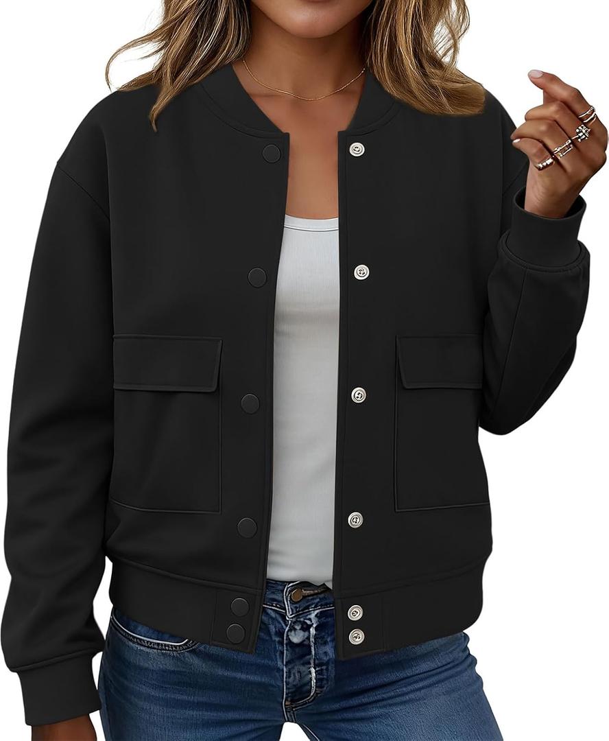 ETCYY NEW Bomber Jackets for Women 2025 Trendy Fall Winter Cropped Coats Button Down Casual Varsity Jacket with Pockets (Small, Solidblack)