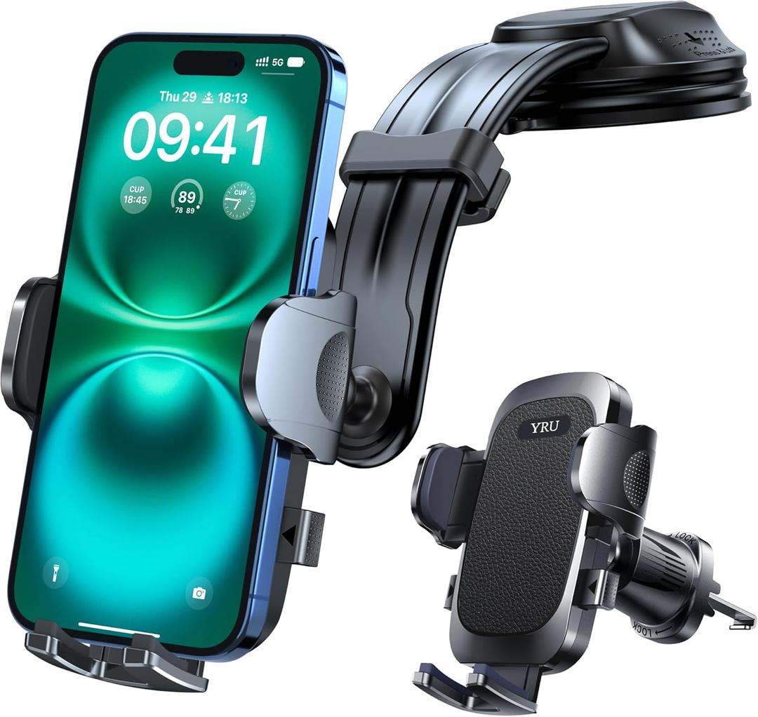 YRU [Upgraded Safest Strongest Car Phone Holder Bendable Arm 360 Rotatable Suction & Never Block View Cellphone Mount Dashboard Windshield Vent for iPhone 17 Pro Max 16 15 Samsung, Black