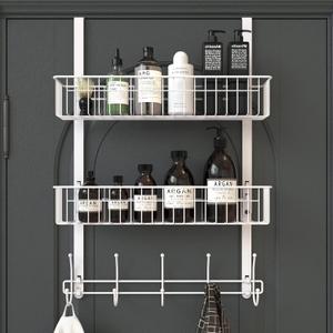 Over The Door Hooks, Door Hanger Towel Rack with 5 Coat Hooks & 2 Mesh Basket, Over Door Organizer for Bathroom, Bedroom, Kitchen, Office, Easy Installation, White