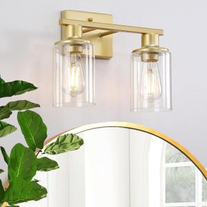 Litaddscen Gold Bathroom Light Fixtures Over Mirror,2-Light Bathroom Vanity Light with Clear Glass Shade,Modern Farmhouse Wall Sconces Lighting for Mirror Kitchen Living Room Cabinet