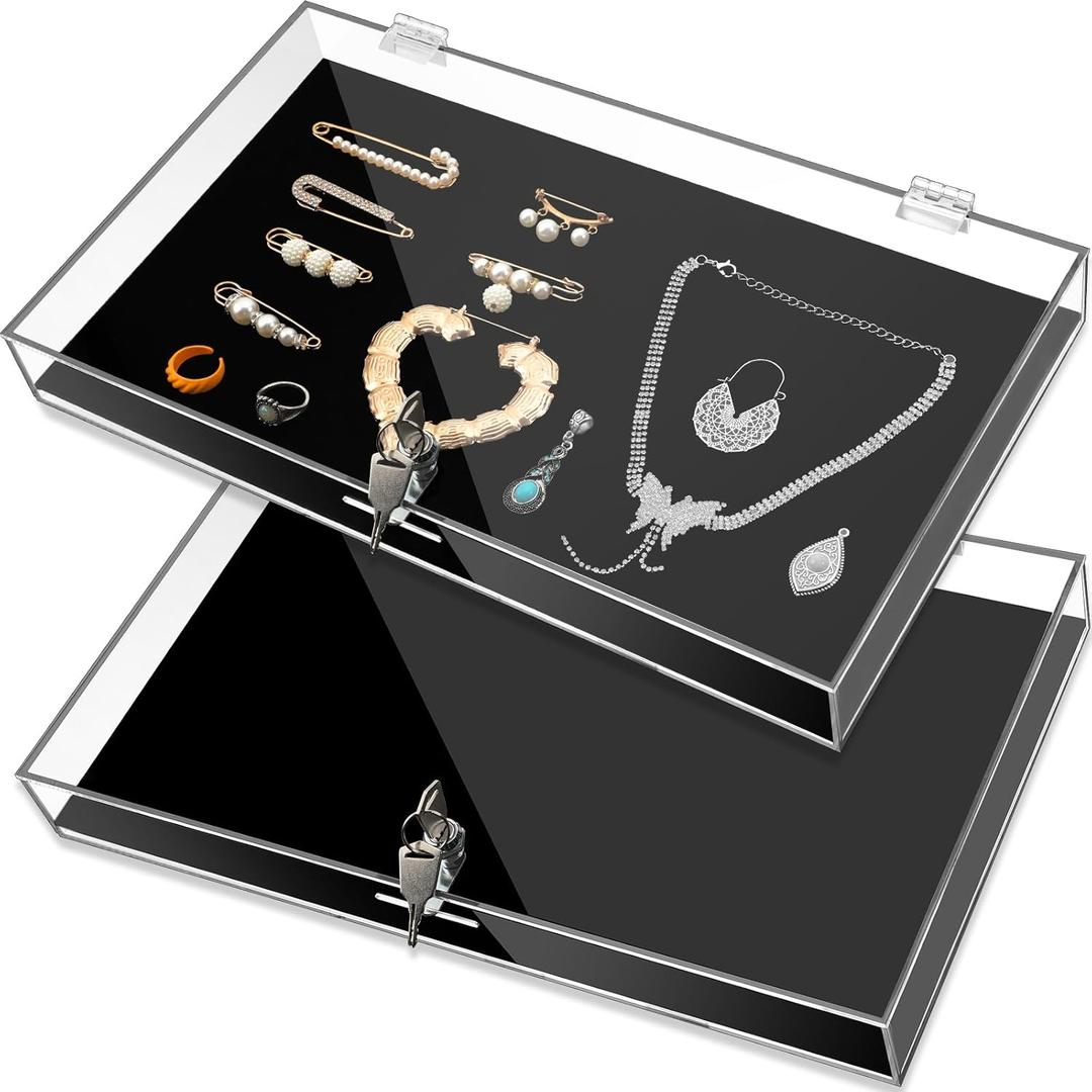 Huquary 2 Pcs Acrylic Locking Jewelry Display Case Clear Ring Earring Necklace Bracelet Security Showcase with Lock and Key for Trade Show Retail Display (Black)