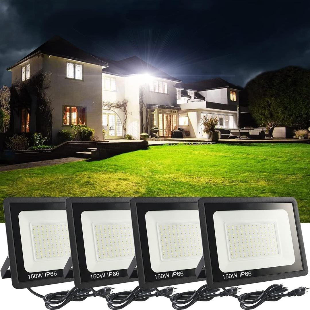 4Pack LED Flood Light Outdoor,150W LED Work Light 15000lmwith 6FT US Plug,IP66 Waterproof Exterior Security Lights,6000K Daylight White Outside Floodlights Slim Design for Playground Yard