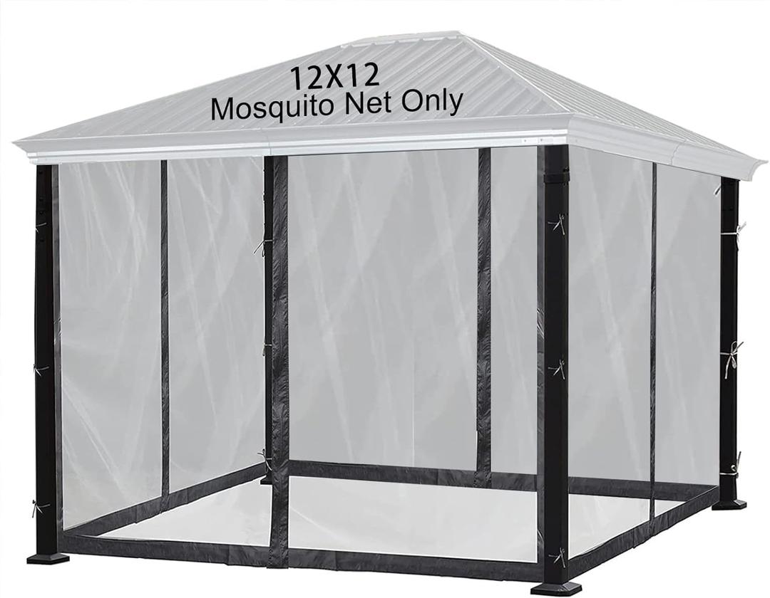 12x12 Mosquito Netting for Gazebo Canopy, Universal Replacement Mosquito Netting 4-Door Zipper Black 4-Panel Sidewall Curtain (Net Only)