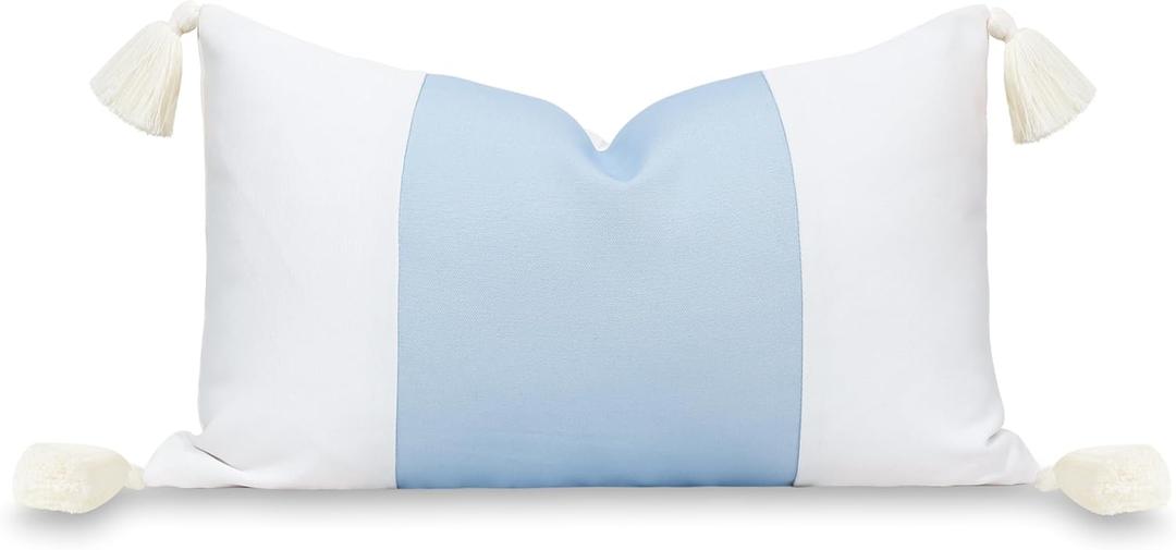 Hofdeco Premium Coastal Patio Indoor Outdoor Lumbar Pillow Cover Only, 12"x20" Water Repellent for Backyard, Couch, Baby Blue Color Block with Tassels