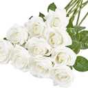 Mkono Rose Artificial Flowers 10 PCS Fake Rose Bouquet Silk Faux Flowers with Long Stem Realistic Blossom Roses for Home Decor Wedding Party Valentine's Day DIY Decorations (White)