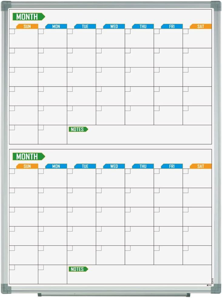Lockways 2 Monthly Dry-Erase Calendar Whiteboard, 24" x 18", Wall-Mounted Aluminum-Framed Calendar Board