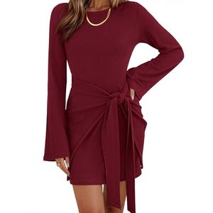 dowerme Women's Casual Mini Dress 2026 Bell Long Sleeve Boat Neck Tie Waist Bodycon Dresses Knitted Party Spring Outfits(Burgundy,X-Small)