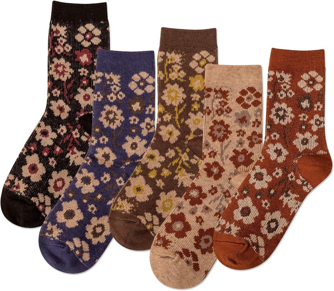 IIG 5 Pairs Womens Pretty Vintage Wool Socks Unique Print Design Soft Cozy Warm Crew Socks Christmas Gift (One Size, Retro Flowers 02 - 5 Pairs)