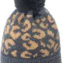 Leopard Print Beanie Hat Cheetah Animal Pattern Skull Cap Knit Cuffed Watch Hats with Fur Pom Pom (One Size-Large, Gray)