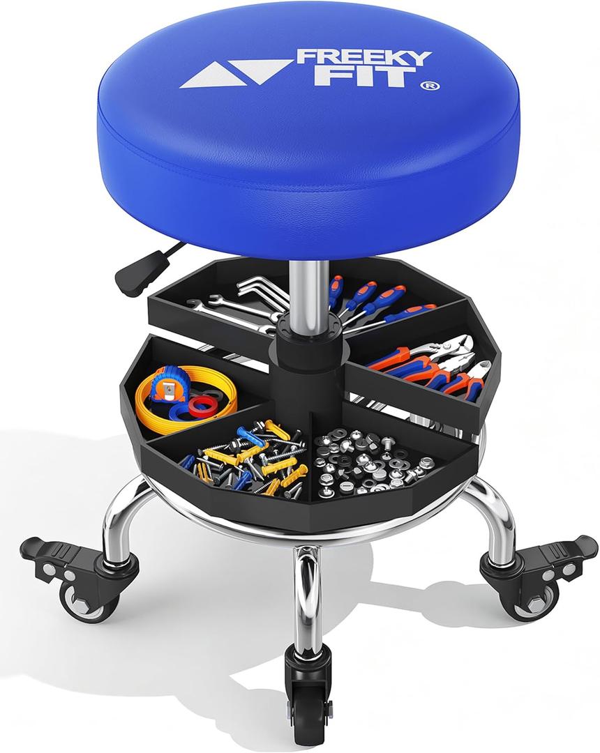 Rolling Shop Stool with Wheels, Mechanics Garage Work Stool, Blue Rolling Stool Chair for Workshop, Adjustable Height, 360°Swivel Removable Tool Tray, Low Roller Padded Seat,300 LBS, Heavy Duty