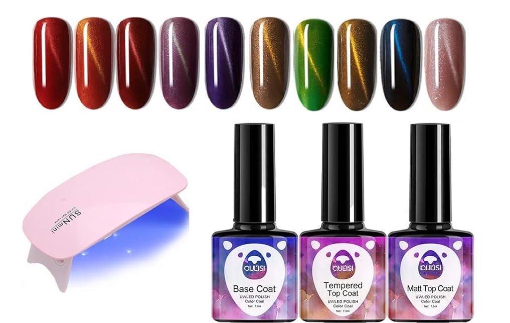 OUL'ISI 14pcs Gel Nail Polish Kit, Popular Bright Nail Art Solid Sparkle Glitters Colors Manicure with UV LED Nail Lamp, Base Coat Top Coat and Matte Coat Home DIY Nail Art Design (Realistic)