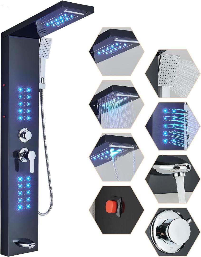 Shower Panel Contemporary Shower Tower with LED Shower Head System Full Body Shower Jets Wall Mounted Shower Panels Stainless Steel Shower Faucet Set Matte Black