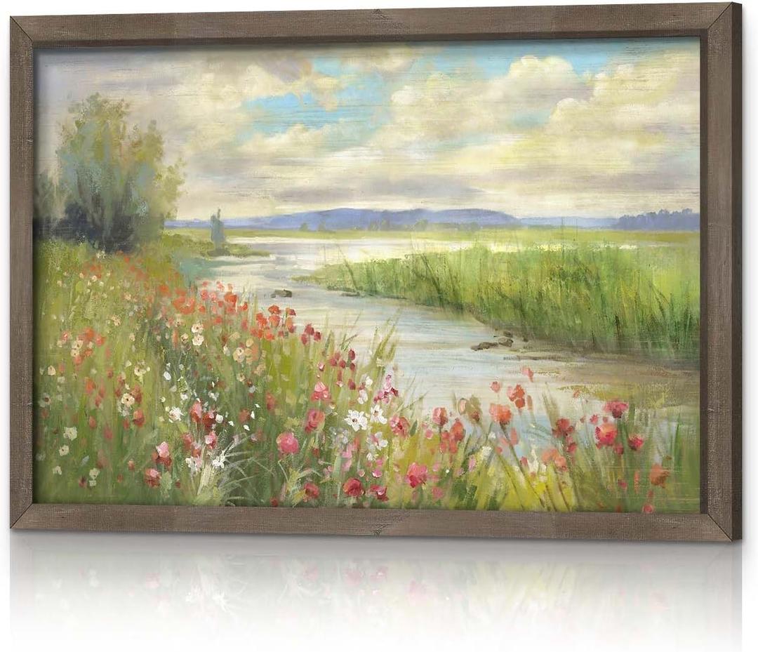 Rustic Landscape Framed Wall Art - Countryside Stream Painting Lake Scenery Picture Colorful Spring Nature Artwork Decor for Living Room (24"L x 16"W, floral)