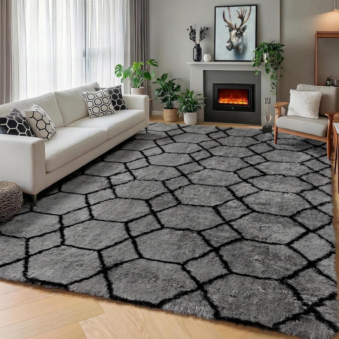 ONASAR 5x7 Area Rugs for Living Room Bedroom, Fluffy Grey and Black Throw Rug, Geometric Boho Soft Plush Shaggy Floor Carpet for Nursery Kids Girls Boys Teen Dorm Home Decor Aesthetic