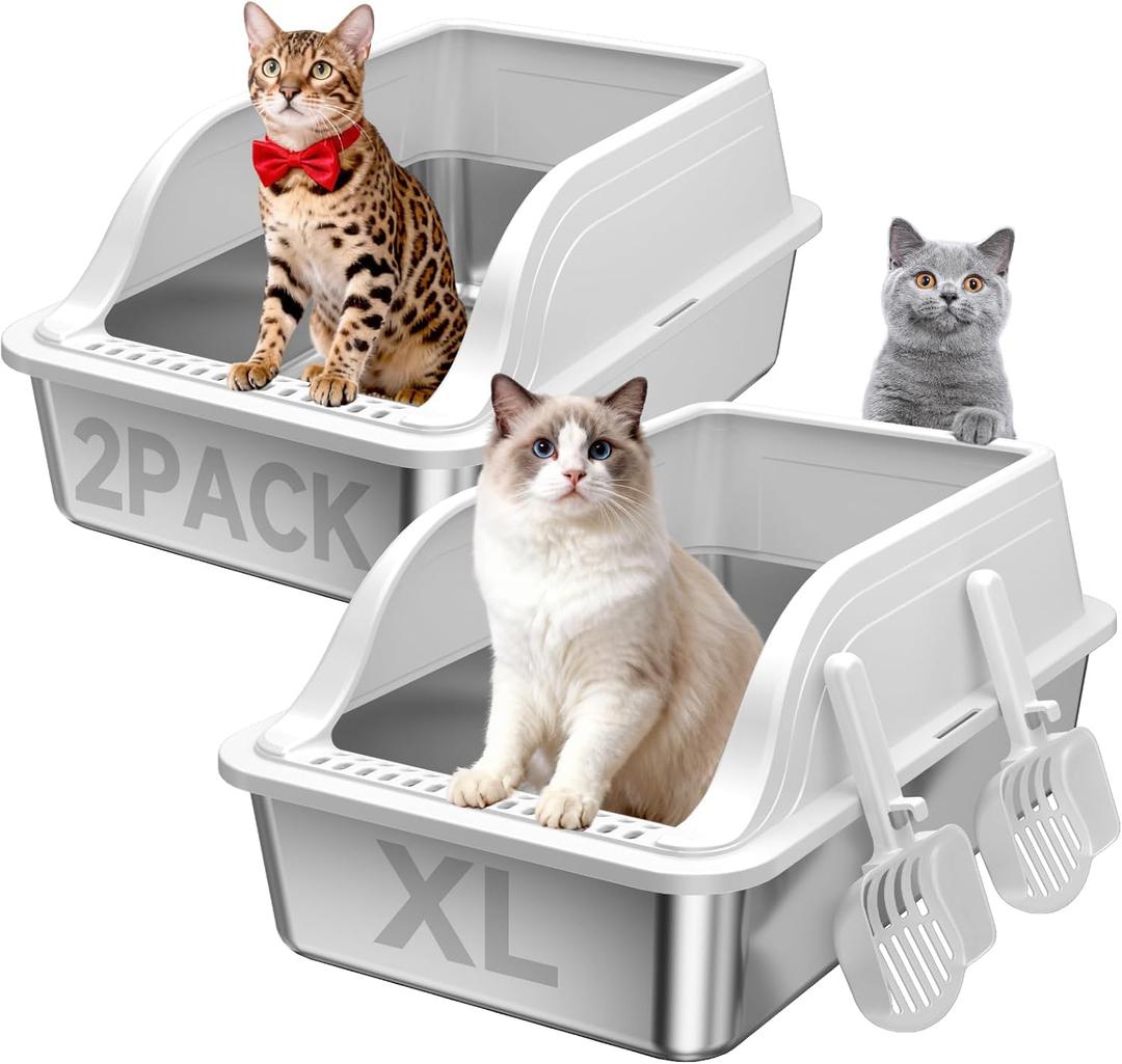 Stainless Steel XL Cat Litter Box for Cats, High-Sided Design Prevents Urine Leakage, Non-Stick, Easy to Clean, Includes Scoop, Gray XL 2 Pack