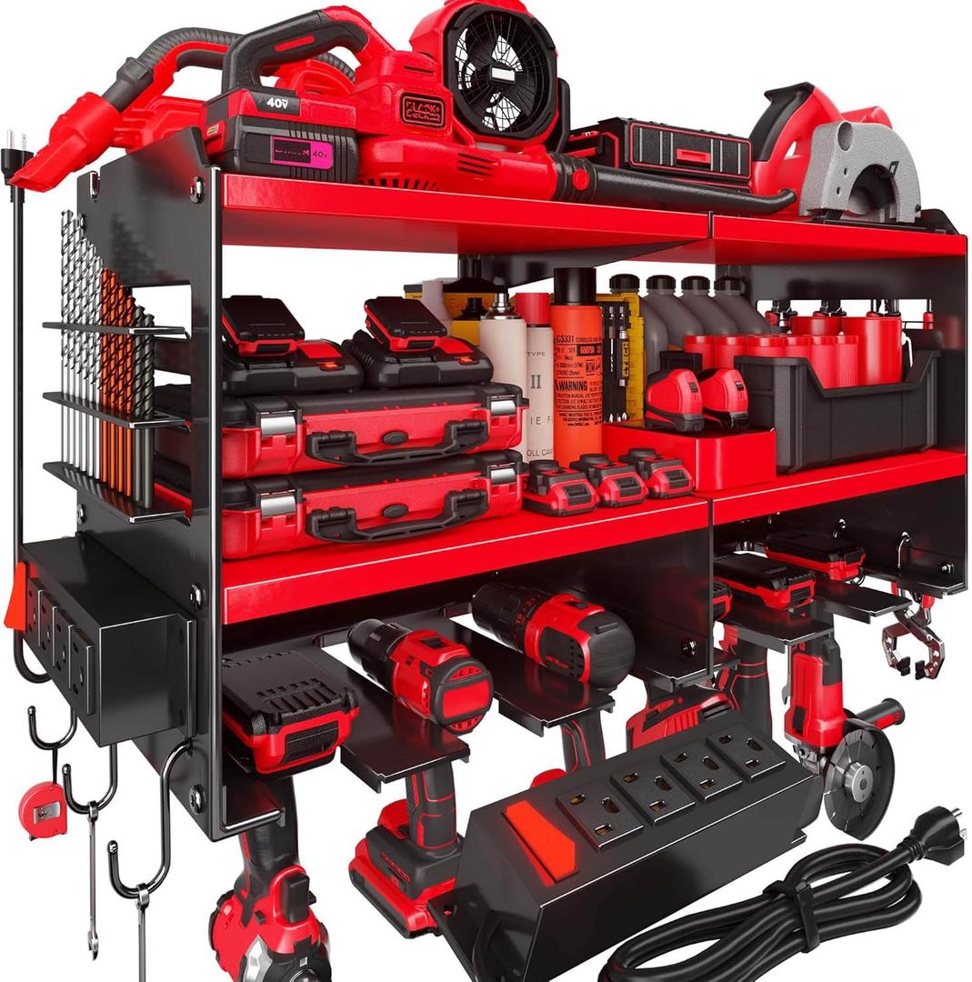 Power Tool Organizer Wall Mount with 4-Outlet Power Strip, Heavy Duty Metal Storage Rack for Garage, Holds 6 Drills & Batteries - Ideal Christmas Gifts for Men, Dad, Husband from Wife (Red)