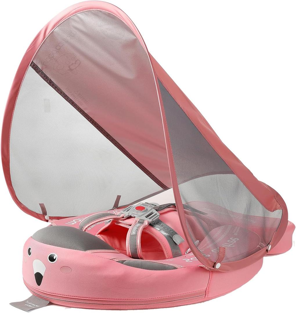 Mambobaby Float with Canopy Baby Float Non-Inflatable Baby Pool Float Solid Swimming Float Upgraded Add Tail Never Flip Over for Infant 3-24 Months, Pink, Medium