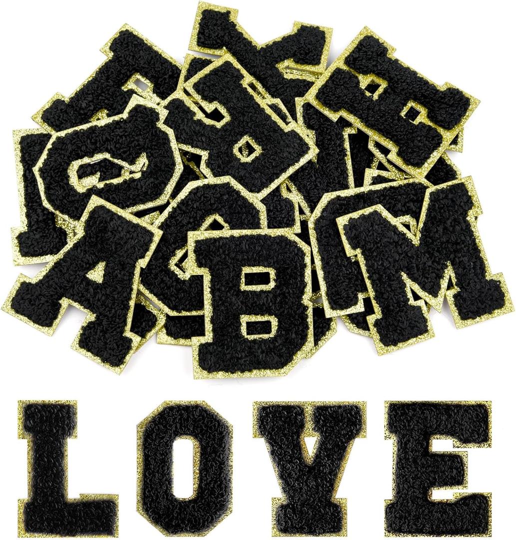 Morcheiong 52Pcs Self Adhesive Chenille Letter Patches A-Z, Chenille Letters for Clothing, Fabric, Shoes, Bags (Black)