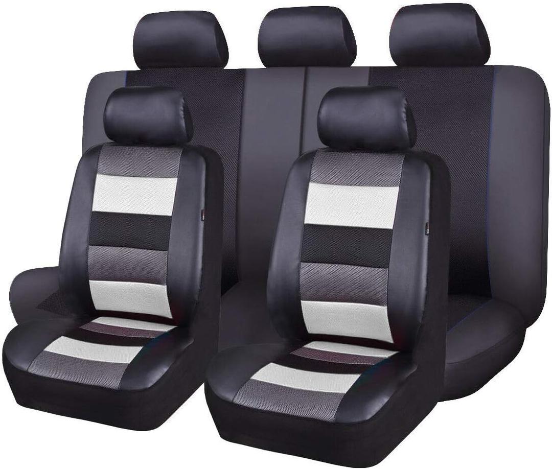 Flying Banner Car Seat Covers Full Set Front Seats and Rear Bench Black Leather and Red Fabric Mesh Cover Breathable Black with Grey and White Color (White)