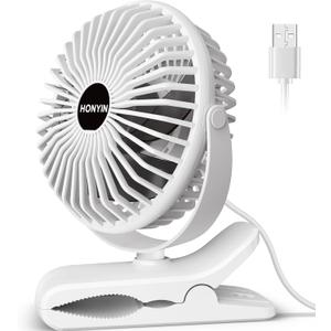 HONYIN 720° Rotation Small Desk & Clip on Fan with Sturdy Clamp, 3 Speeds, Quiet Little Personal Cooling Fan by USB Plug In, for Bedroom Office Desktop Treadmill