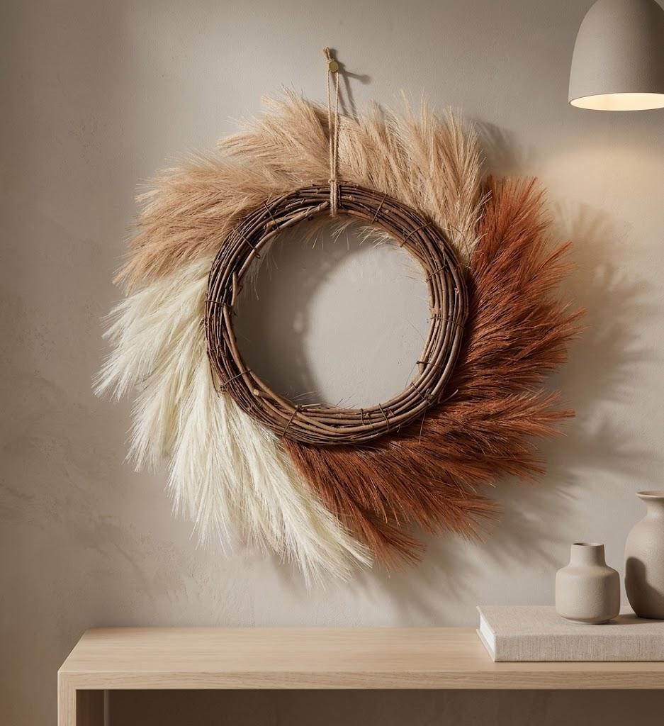 Perfnique Pampas Grass Wreath, 25'' Faux Pampas Wreath for Front Door, Artificial Pampas Wreath for All Seasons, Boho Wall Decor, Farmhouse Pampas Grass Garland, DIY Wreath Arrangement 