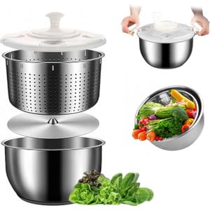 6L-Stainless Steel Salad Rotator, Non-Slip Base, Vegetable Dishwasher, Multi-Use Lettuce Spinner, Kitchen Strainers.
