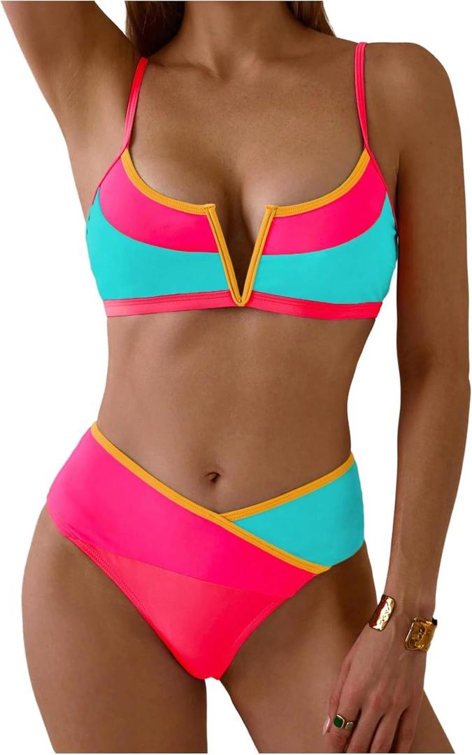 SOLY HUX Women's Color Block Bikini Set Spaghetti Strap V Wired Bathing Suit Summer Two Piece Swimsuit (Large, Pink and Blue)