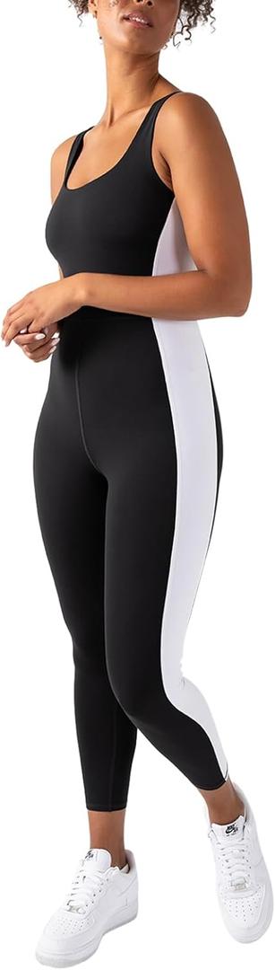 YITTY Active Women's UltraLuxe Built-In Bra Onesie, Athleisure, 4-Way-Stretch, Iconic Black/ True White, S, 7/ 8 Length