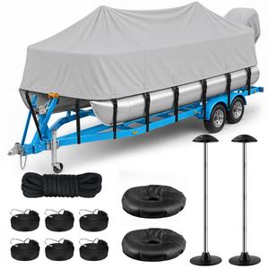 1200D Pontoon Boat Cover with Support Poles 2 Pack, 22-24 ft Boat Cover for Pontoon with Motor Cover, Fits 22 ft 23 ft 24 ft Boats up to 8.5 ft Beam, Gray